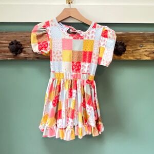 Girlhood Kids Size 6 Patchwork Floral Ruffle Hem Tie Back Puff Sleeve Dress